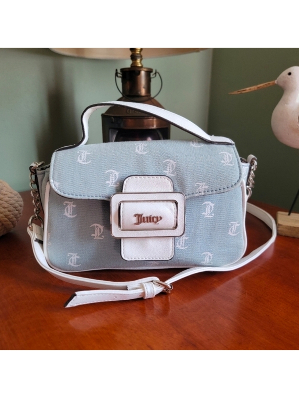 Juicy Couture Y2K Denim Monogram Blue White Crossbody Bag Vegan Leather